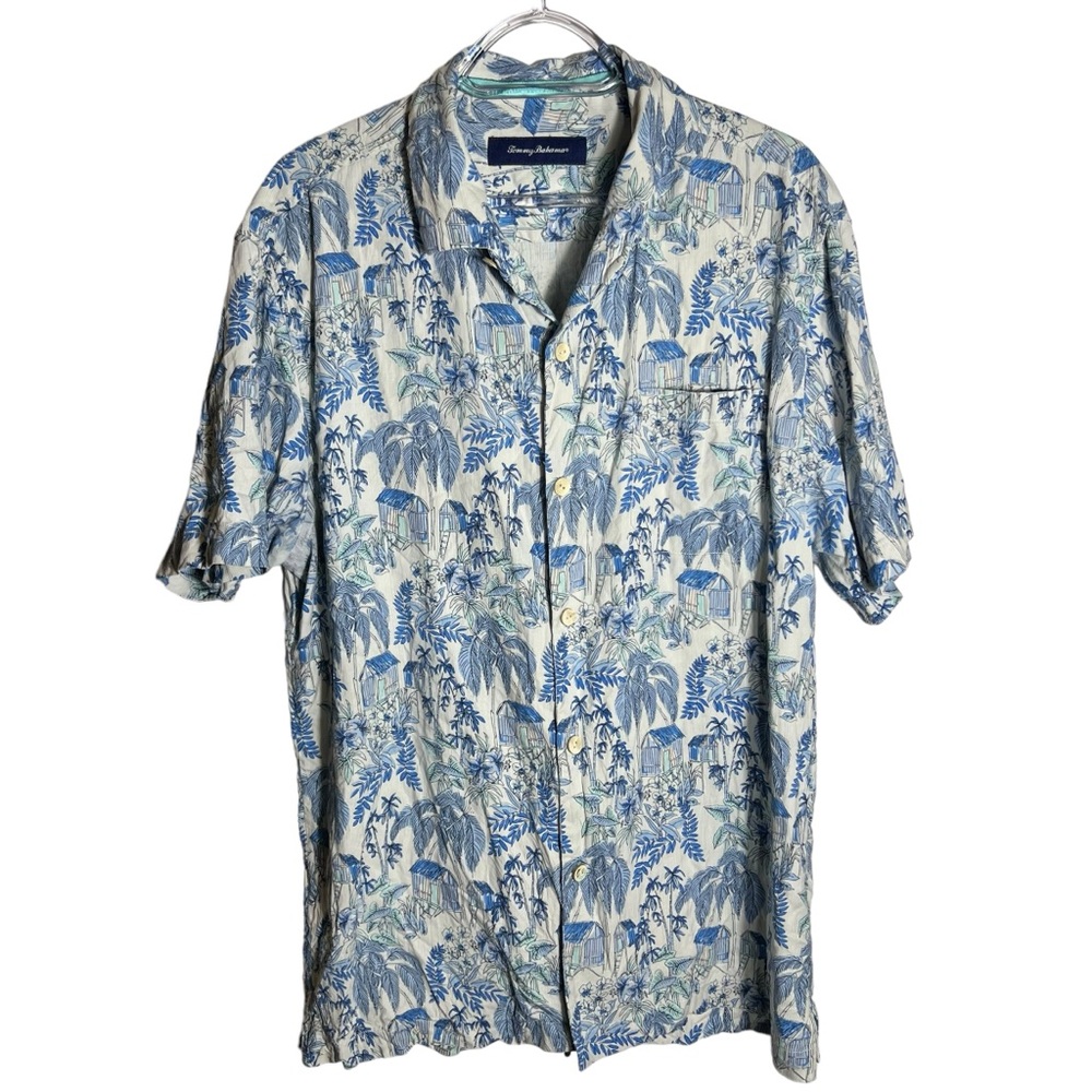 Tommy Bahama Blue Pattern Silk Camp Shirt, Artistic Tropical Scene, Large